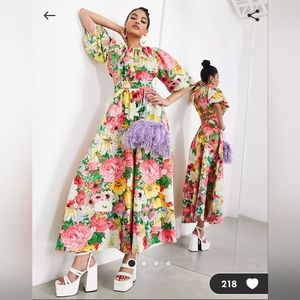 ASOS Edition Floral Puff-Sleeve Midi Dress with Cut-Outs